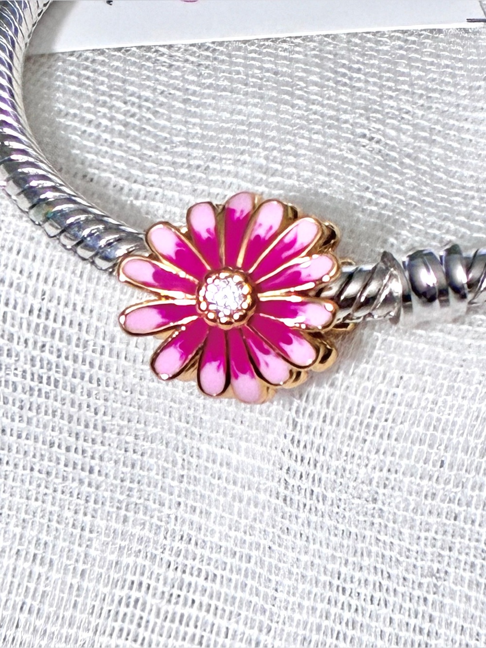 Pink Daisy Charm | 14k Gold Vermeil 925 Sterling Silver | Cz, Enamel